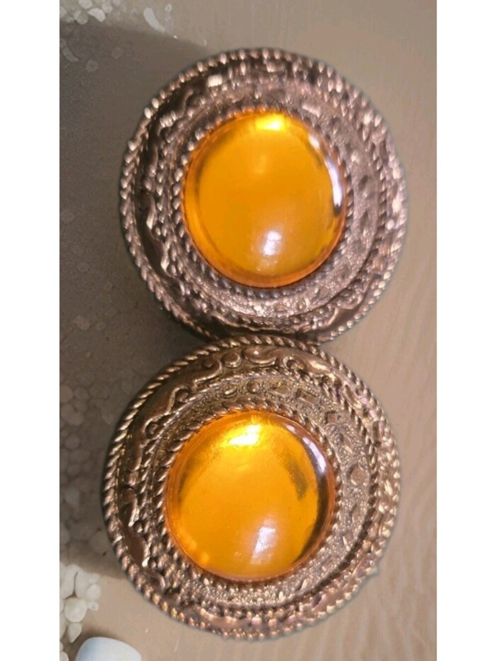 Amber Color Jelly Resin Earrings Clip On Circle Matte Gold Orange Runway 1.75 in